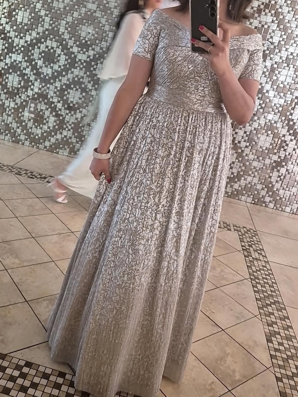 Aidan Mattox Silver Off-Shoulder Maxi Dress